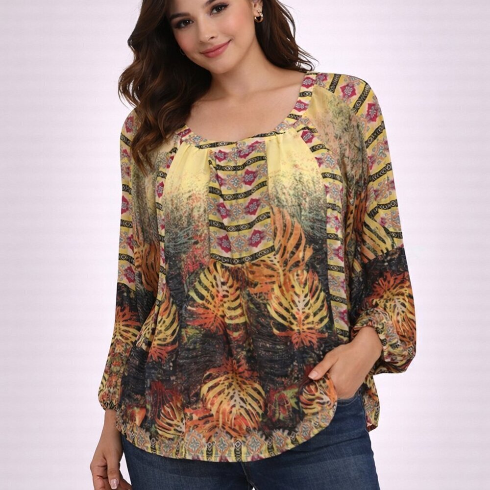 Anthro Fig & Flower Boho Mixed Print Sheer Blouse Petite Medium Keyhole Top